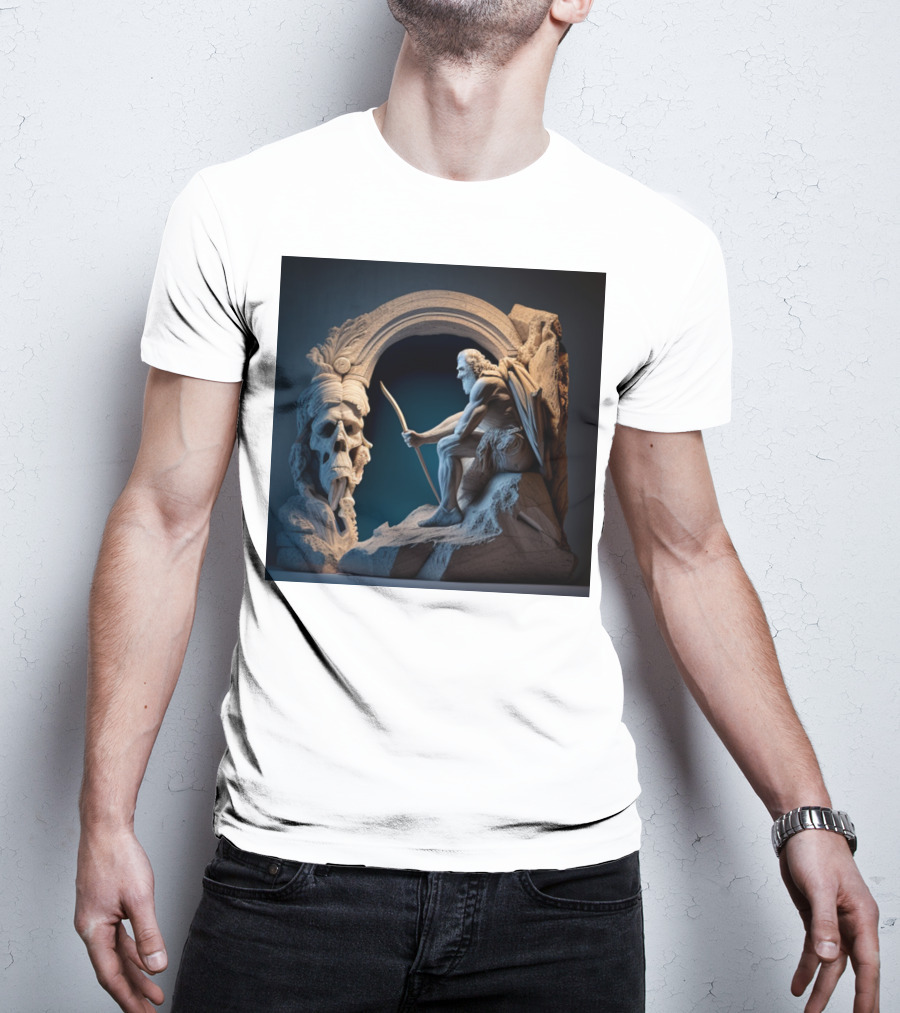 A Strong Old Man Warrior Statuesque Power In Mythical Stone Arch T-Shirt