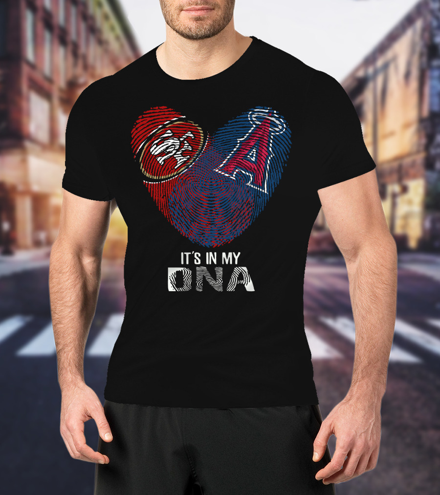 49Ers SF Logo And Los Angeles Angels DNA Fingerprint Heart T-Shirt