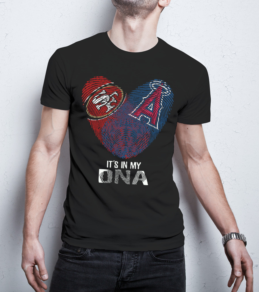 49Ers SF Logo And Los Angeles Angels DNA Fingerprint Heart T-Shirt