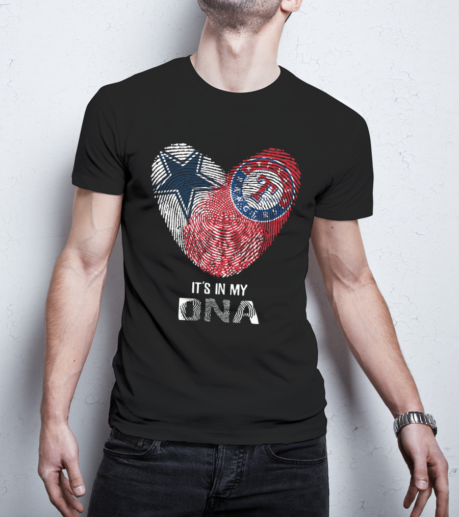 Cowboys Rangers It's In My DNA Fingerprint Heart With Star And Baseball T-Shirt