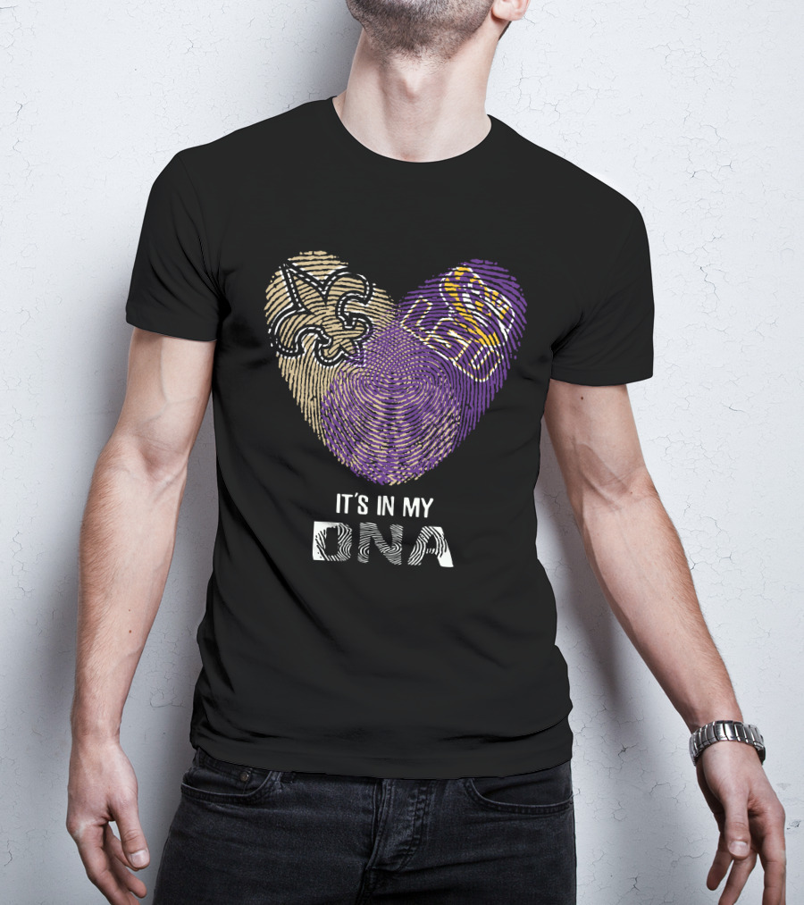 Saints Lsu It's In My Dna Fingerprint Heart Fleur-De-Lis Logo Purple Gold T-Shirt