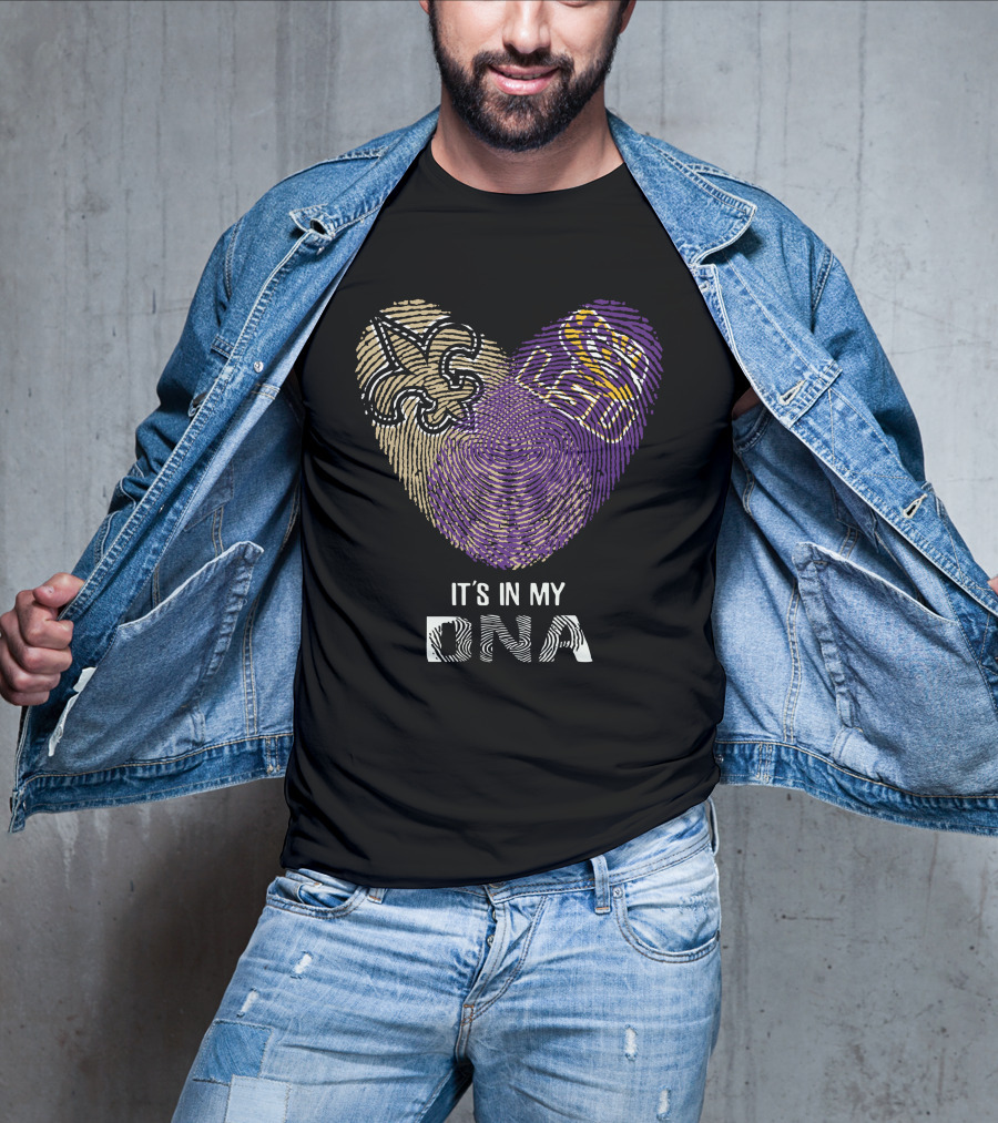 Saints Lsu It's In My Dna Fingerprint Heart Fleur-De-Lis Logo Purple Gold T-Shirt
