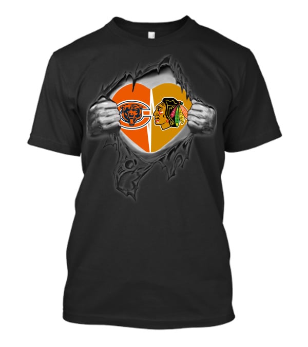 Bears Blackhawks Split Heart Logo Tear T-Shirt