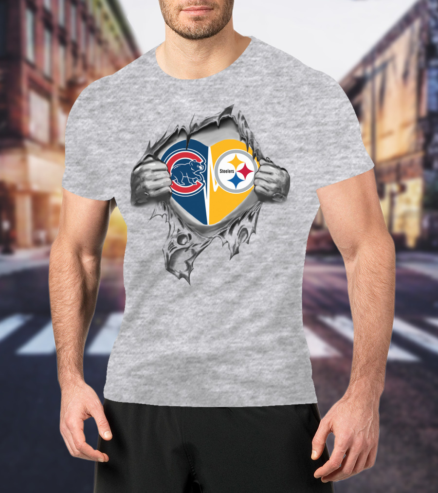 Cubs Steelers Heart Rip Fusion With Iconic Logos T-Shirt