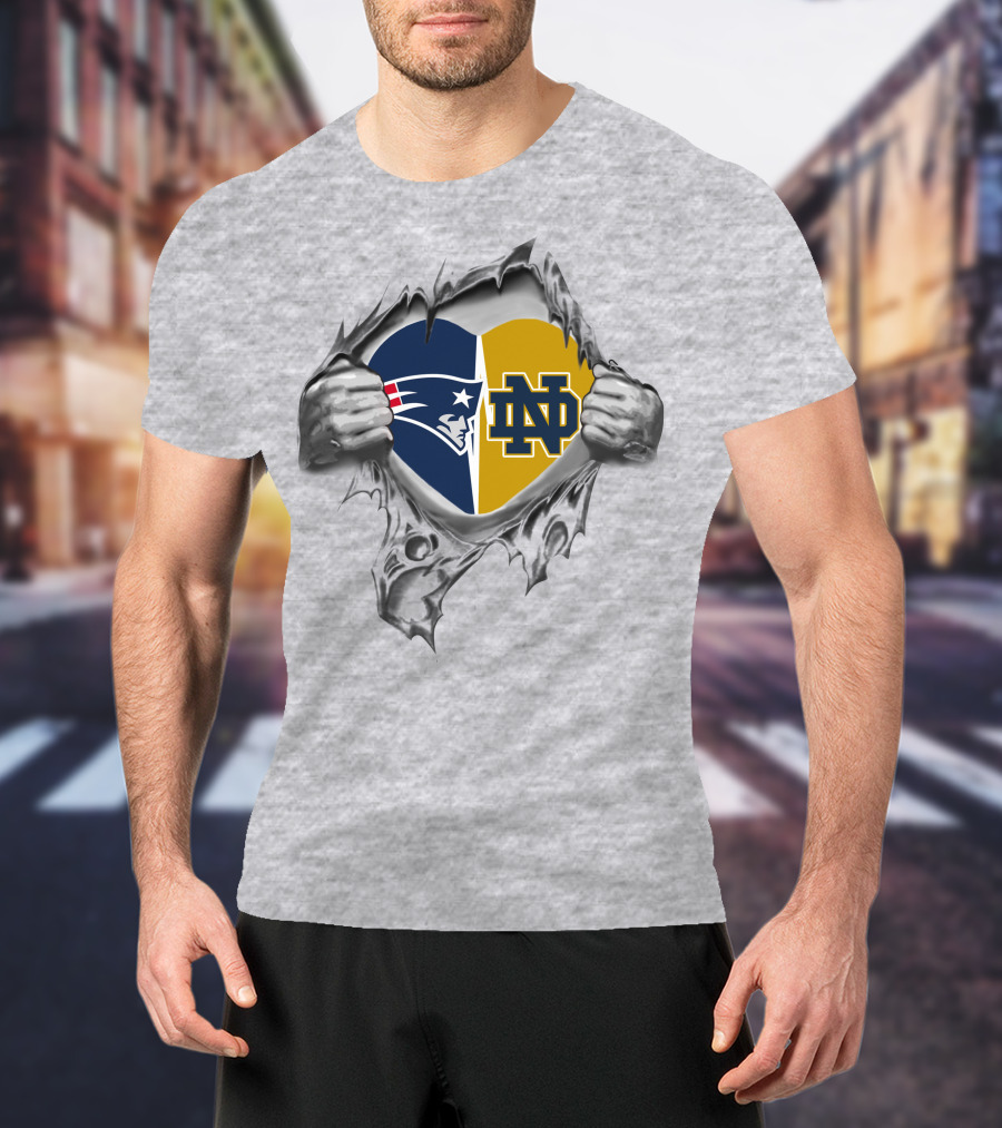 Patriots And Notre Dame Heart Torn Background T-Shirt