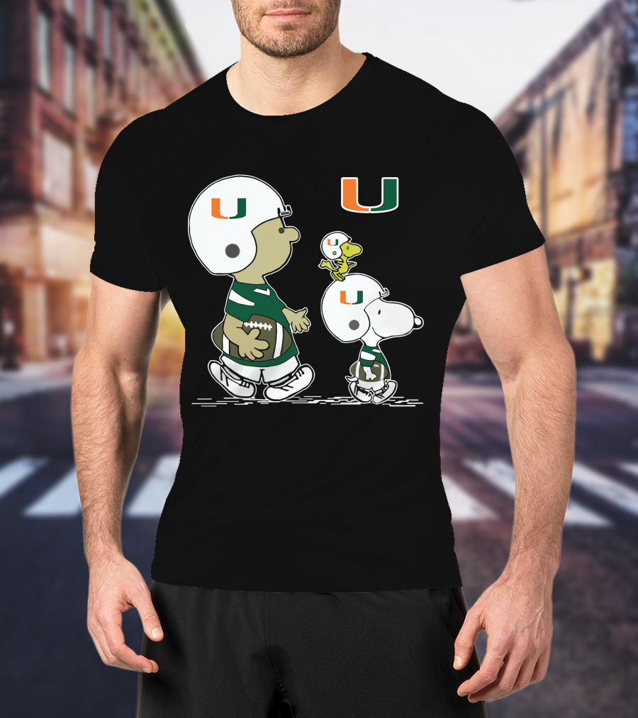 Miami Hurricanes Peanuts Snoopy Woodstock Helmet Football T-Shirt