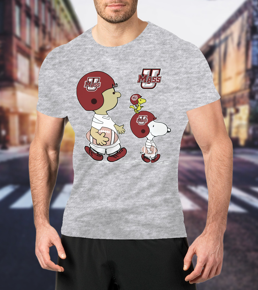 U Mass School Spirit Snoopy Football Helmet Charlie Woodstock T-Shirt