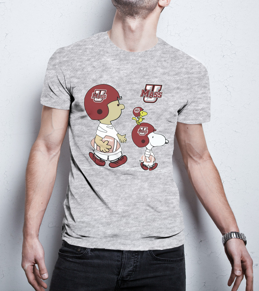 U Mass School Spirit Snoopy Football Helmet Charlie Woodstock T-Shirt