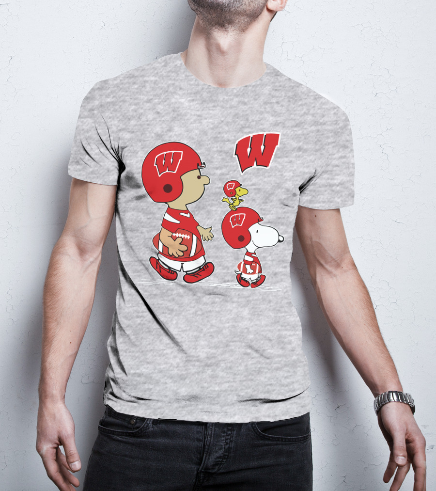 Wisconsin Badgers Snoopy Football Helmet Peanuts Characters Walking Together T-Shirt