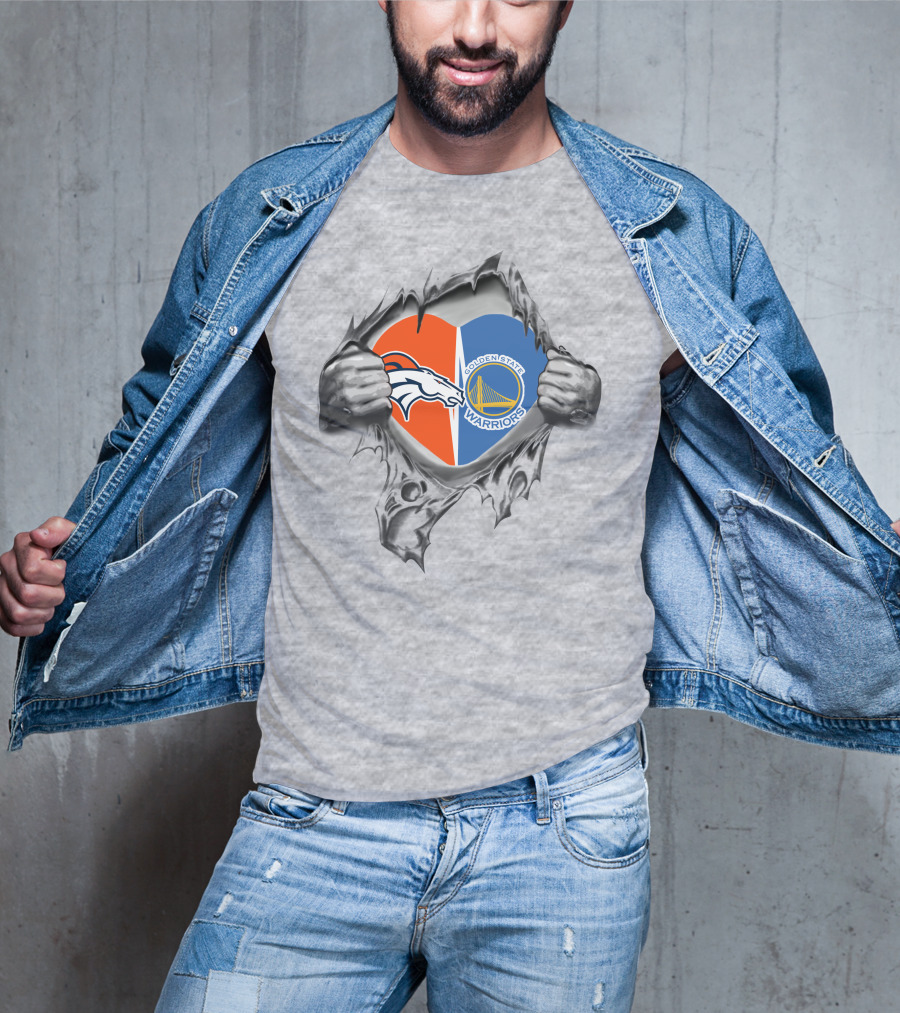 Denver Broncos Golden State Warriors Heart Torn T-Shirt