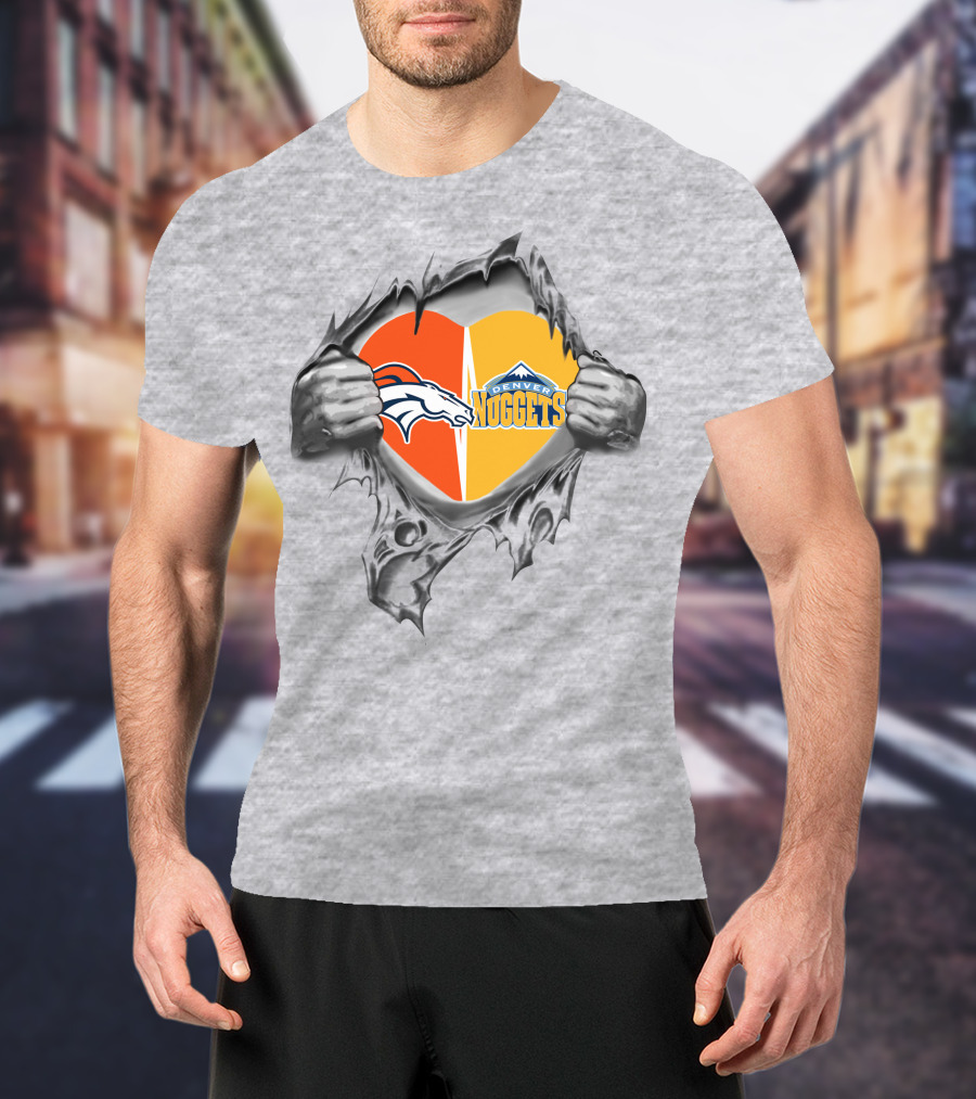 Broncos Denver Nuggets Heart Ripped Open T-Shirt