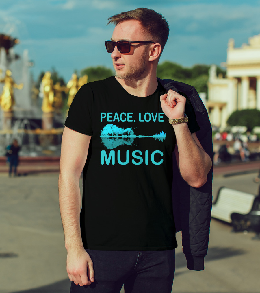 Peace Love Music Guitar Lake Shadow Scenic Reflection T-Shirt