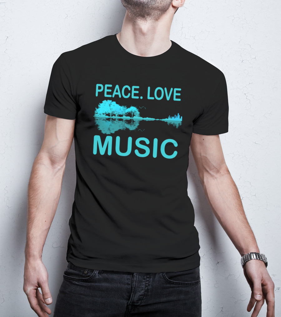 Peace Love Music Guitar Lake Shadow Scenic Reflection T-Shirt