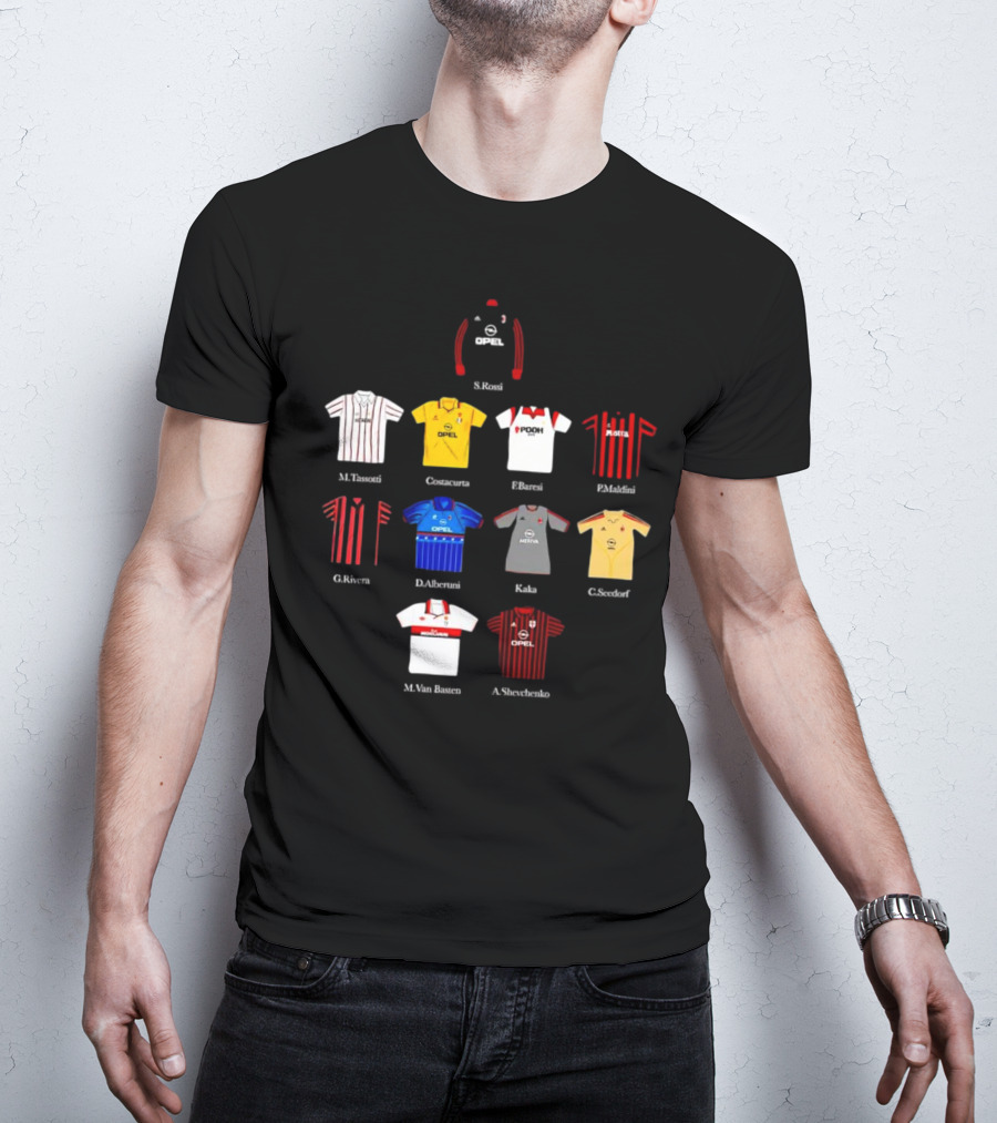 A.C. Milan FC Opel Uniform S. Rossi M. Tassotti A. Costacurta F. Baresi P. Maldini G. Rivera D. Albertini Kaka C. Seedorf M. Van Basten A. Shevchenko T-Shirt