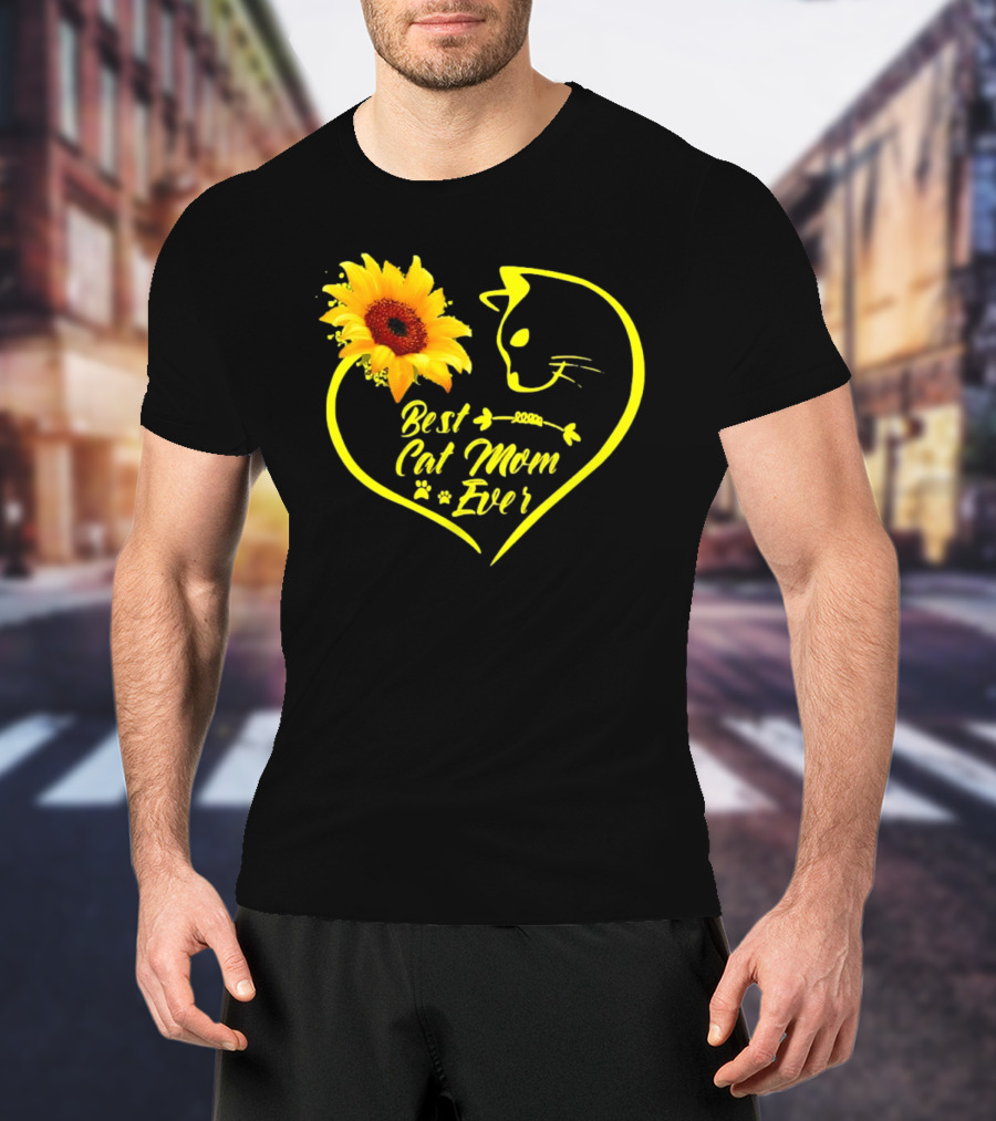 Best Cat Mom Ever Sunflower Heart Love Cat Face T-Shirt