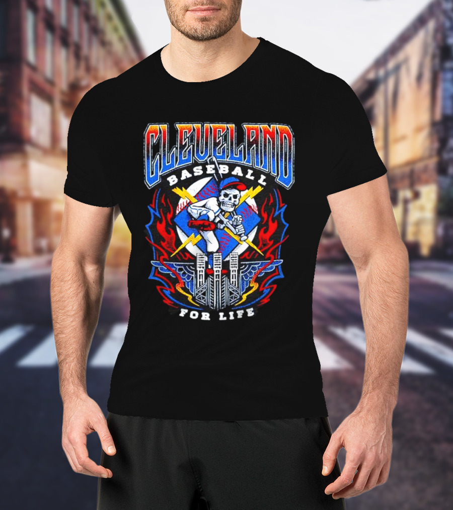 Cleveland Baseball For Life Skeleton Bat Tower Flames T-Shirt