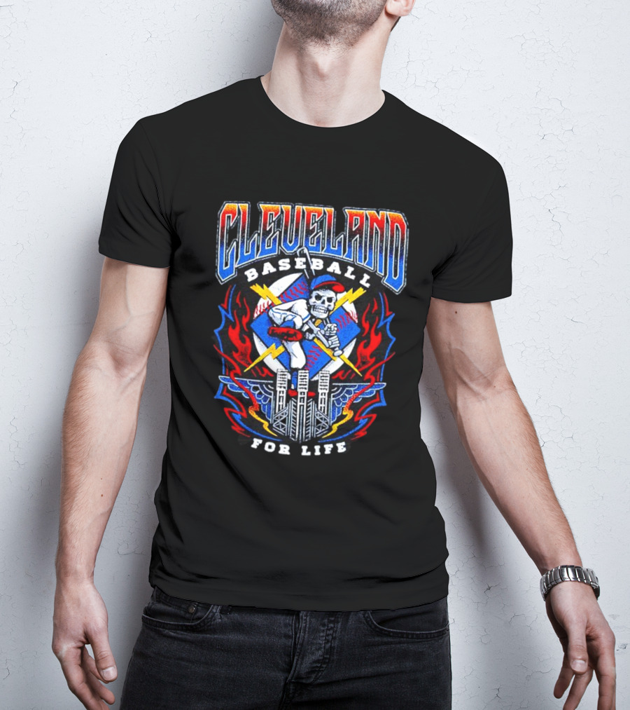 Cleveland Baseball For Life Skeleton Bat Tower Flames T-Shirt