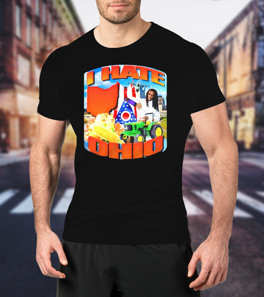 I Hate Ohio Tractor Explosion Corn Ohio Flag Skyline T-Shirt