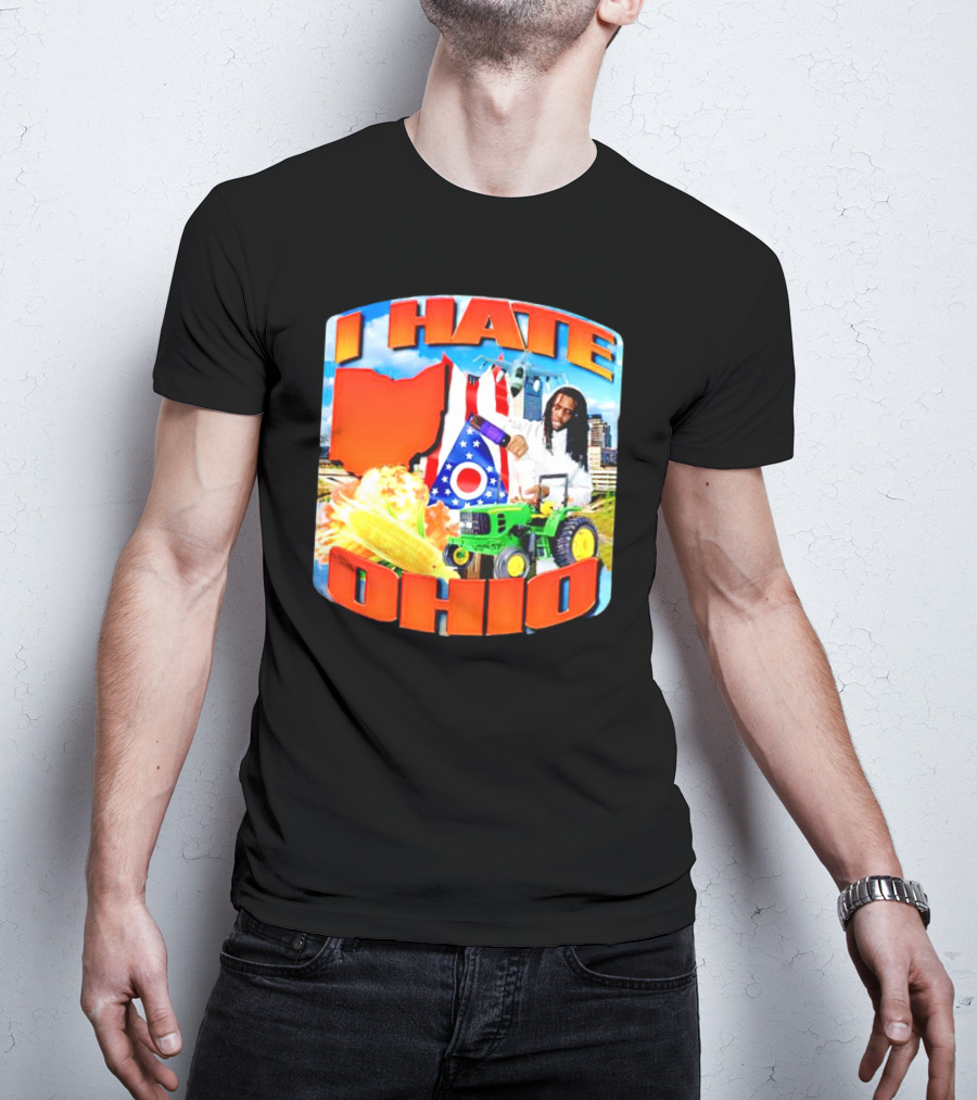 I Hate Ohio Tractor Explosion Corn Ohio Flag Skyline T-Shirt