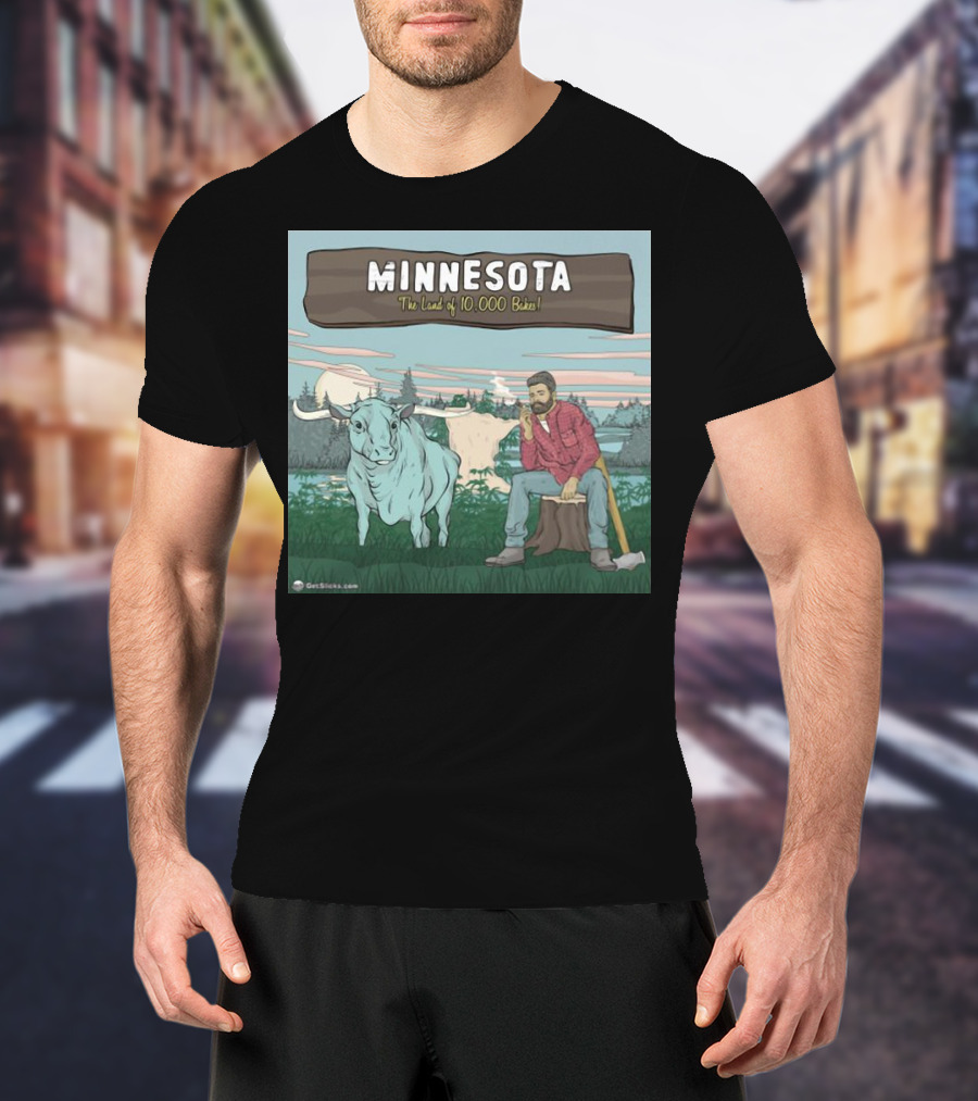 Minnesota The Land Of 10,000 Bakes With Blue Ox And Lumberjack In Forest Scene T-Shirt