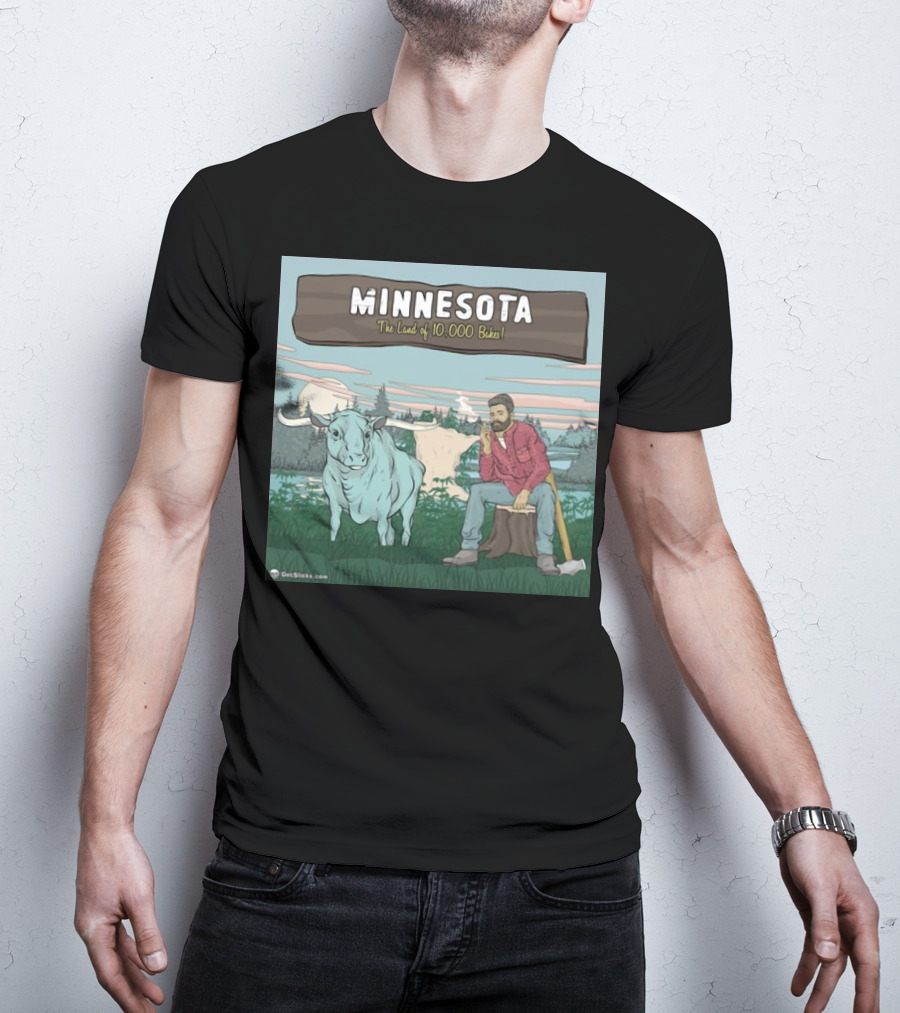 Minnesota The Land Of 10,000 Bakes With Blue Ox And Lumberjack In Forest Scene T-Shirt