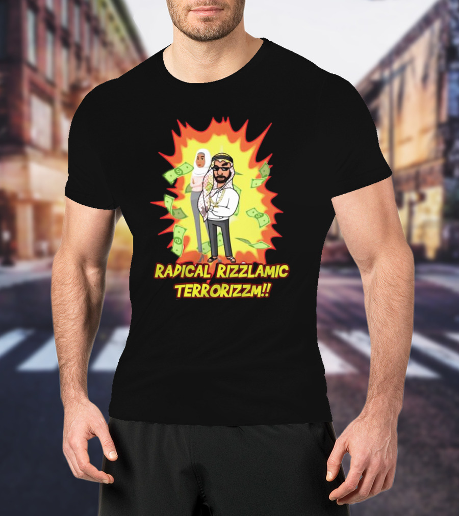 Radical Rizzlamic Terrorizzm Cartoon Characters Surrounded By Money Explosion T-Shirt