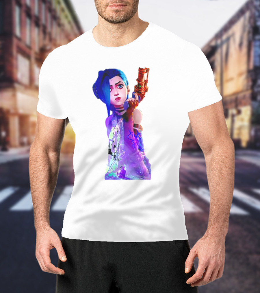 Arcane Jinx League Of Legends Character With Blue Hair And Toy Gun T-Shirt