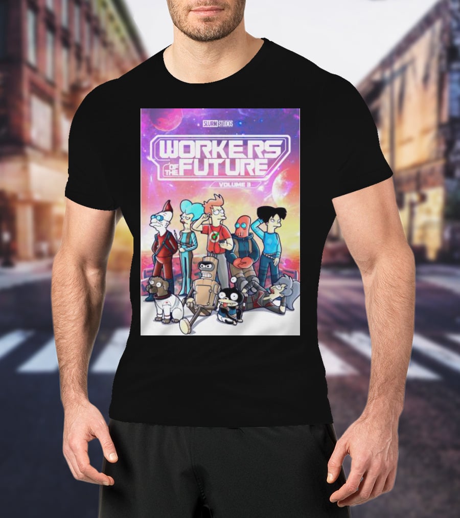 SLURM STUDIOS Workers Of The Future Volume 3 Futurama Characters Retro Futuristic T-Shirt