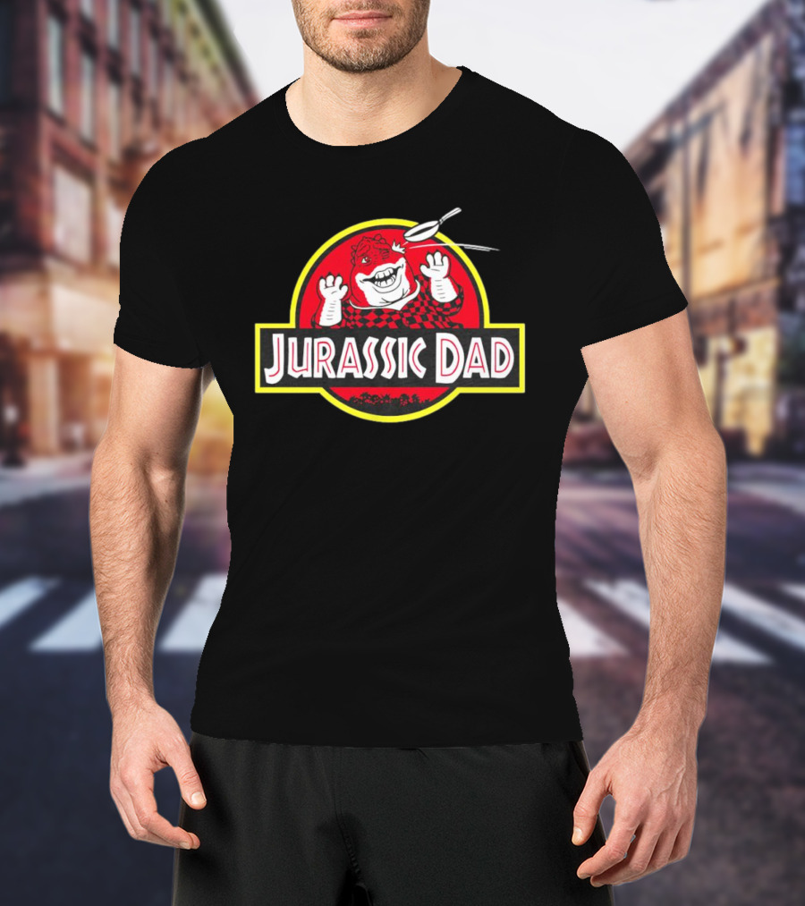 Jurassic Dad Dinosaur Cartoon Logo Frying Pan Image T-Shirt