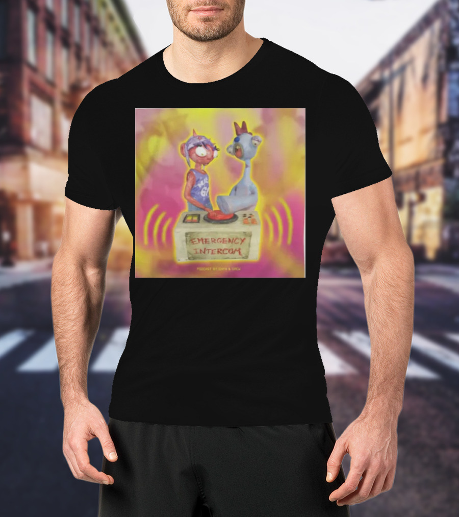 Emergency Intercom Podcast By Enya And Drew Vibrant Cartoon Characters On Bright Background T-Shirt