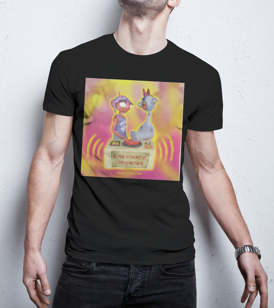 Emergency Intercom Podcast By Enya And Drew Vibrant Cartoon Characters On Bright Background T-Shirt