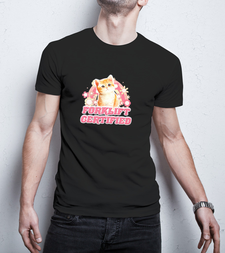 Cat Forklift Certified Cute Floral Pink T-Shirt