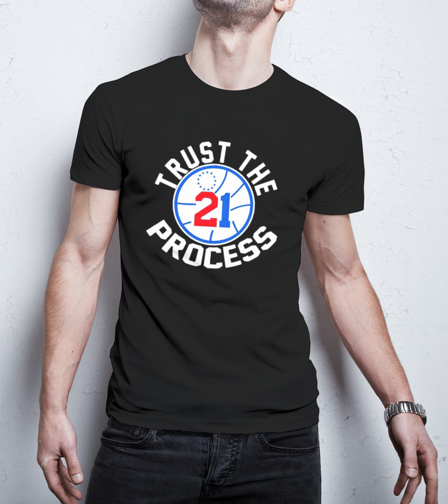 Philadelphia 76ers Joel Embiid 21 Trust The Process Basketball Emblem T-Shirt