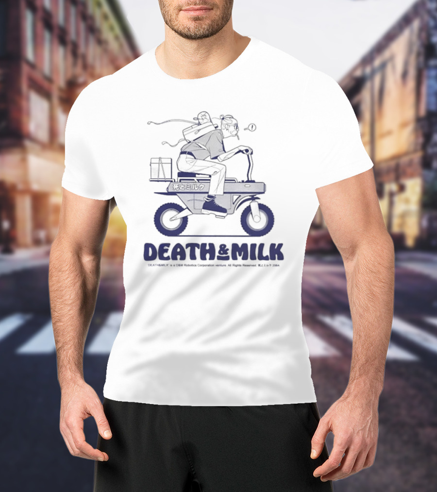 DEATH And MILK ©2004 K F Y ©C Foroffice Corp. Riding Motorbike With Backpack And Box T-Shirt