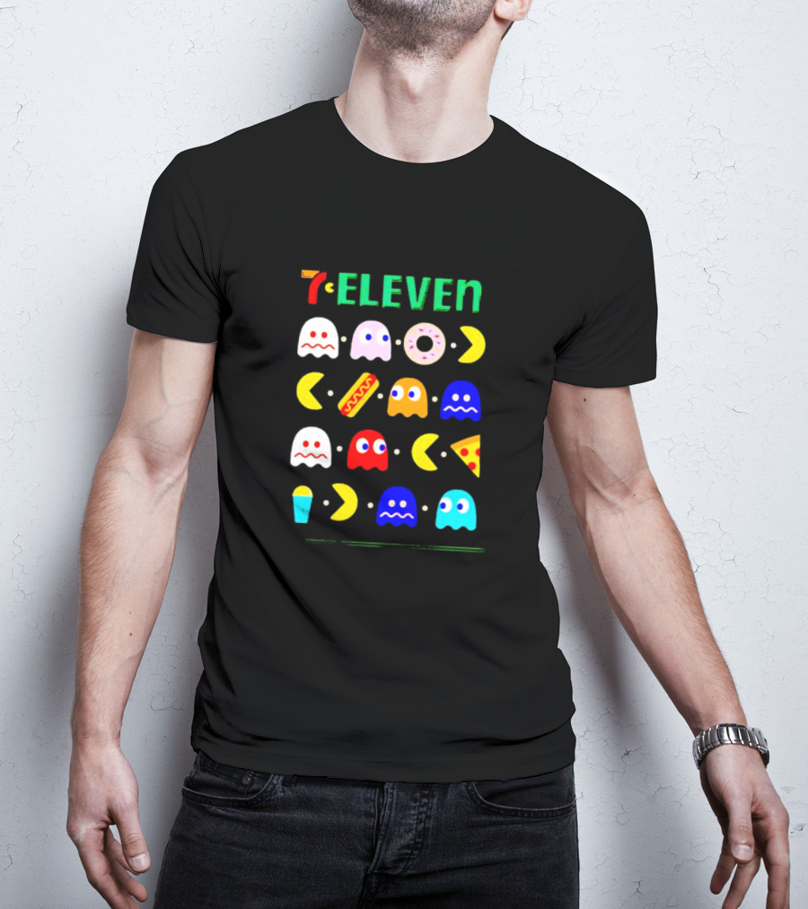 7 Eleven Pac Man Ghosts Donut Hot Dog Pizza Icons T-Shirt