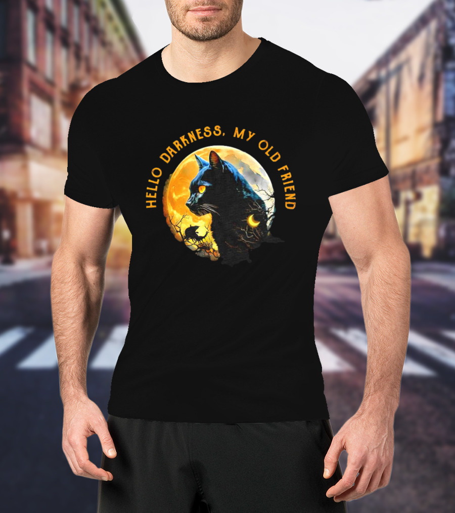 Black Cat Hello Darkness My Old Friend Moon Scene T-Shirt