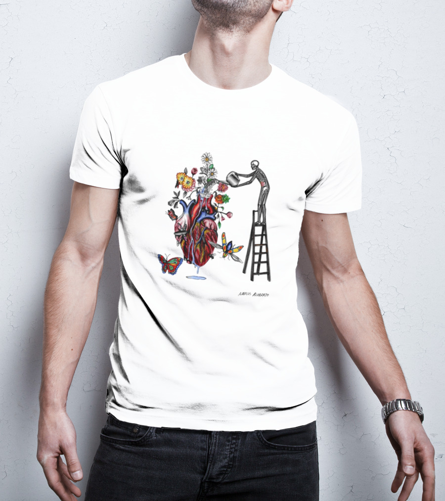 Skeleton Watering Yourself Heart Vase By Laro Amaral T-Shirt