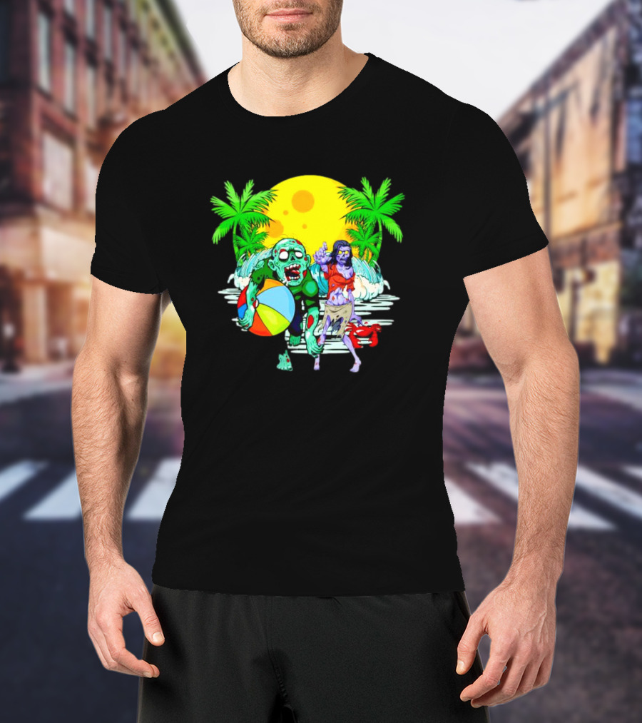 Zombie Beach Party Under Palm Trees With Beach Ball And Surf Waves T-Shirt