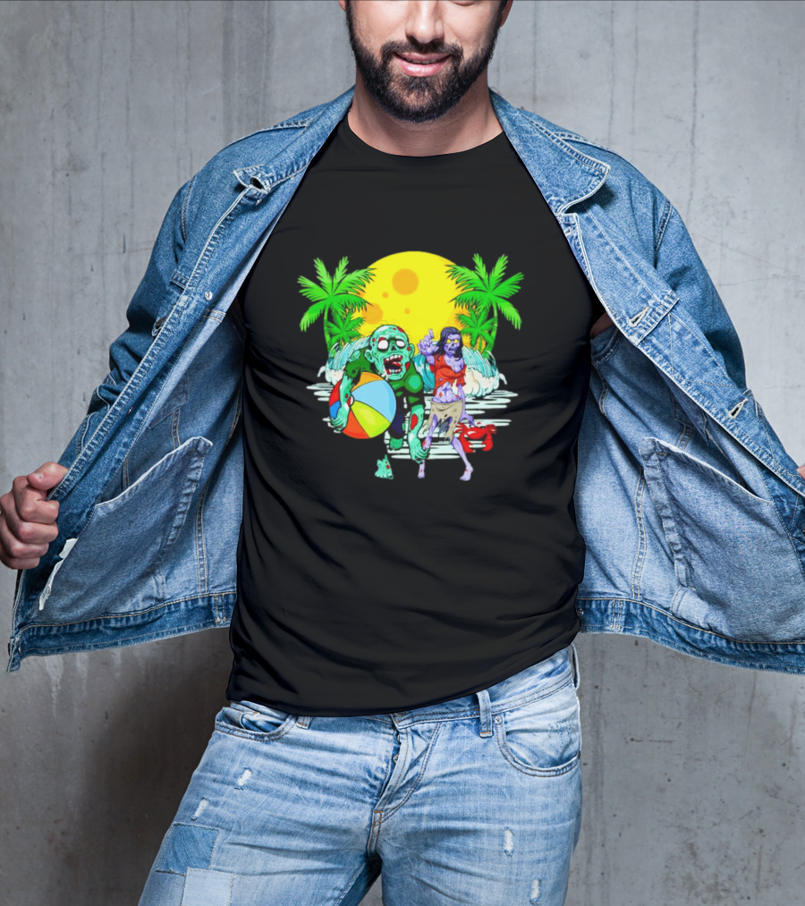 Zombie Beach Party Under Palm Trees With Beach Ball And Surf Waves T-Shirt