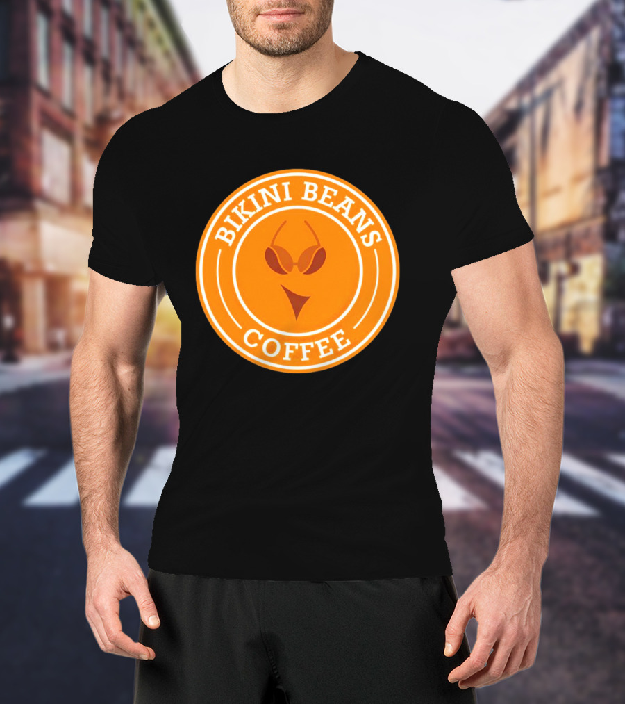 Bikini Beans Coffee Circular Logo With Sunglasses And Orange Background T-Shirt