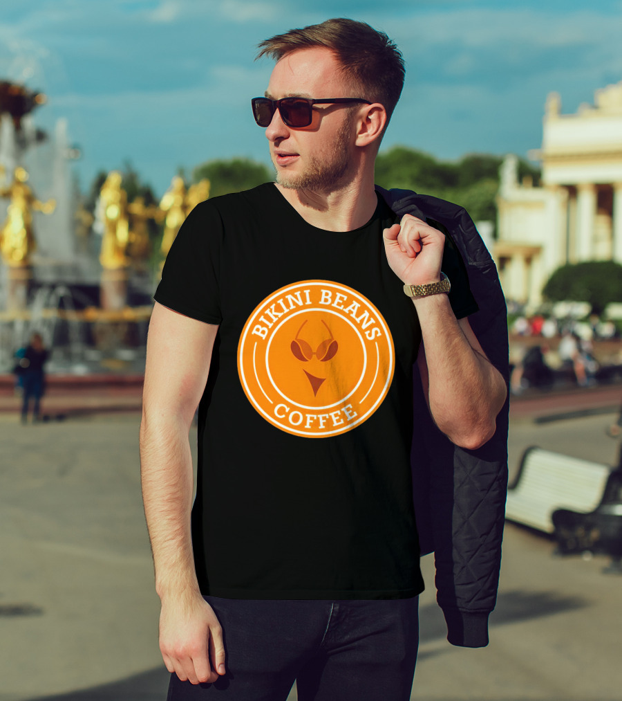 Bikini Beans Coffee Circular Logo With Sunglasses And Orange Background T-Shirt