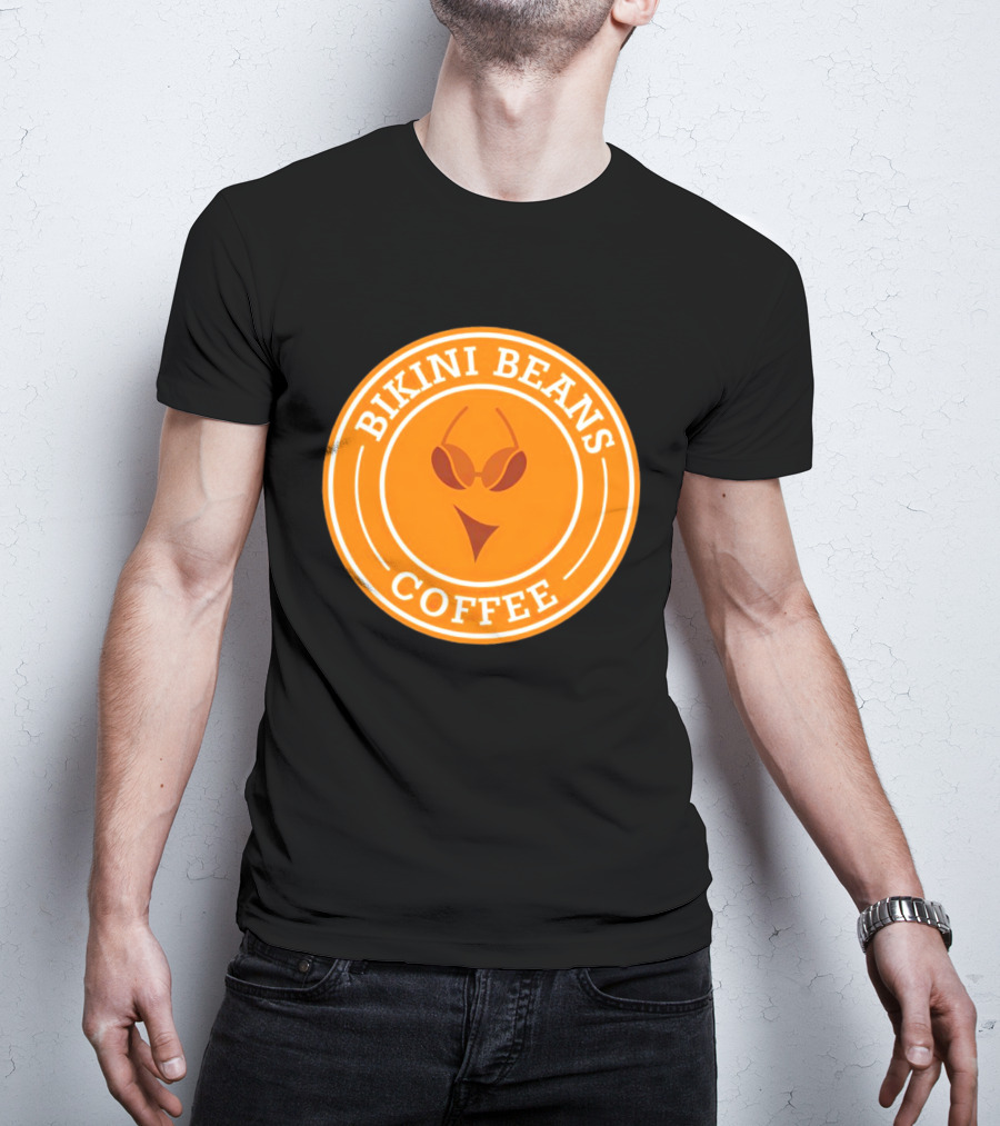 Bikini Beans Coffee Circular Logo With Sunglasses And Orange Background T-Shirt