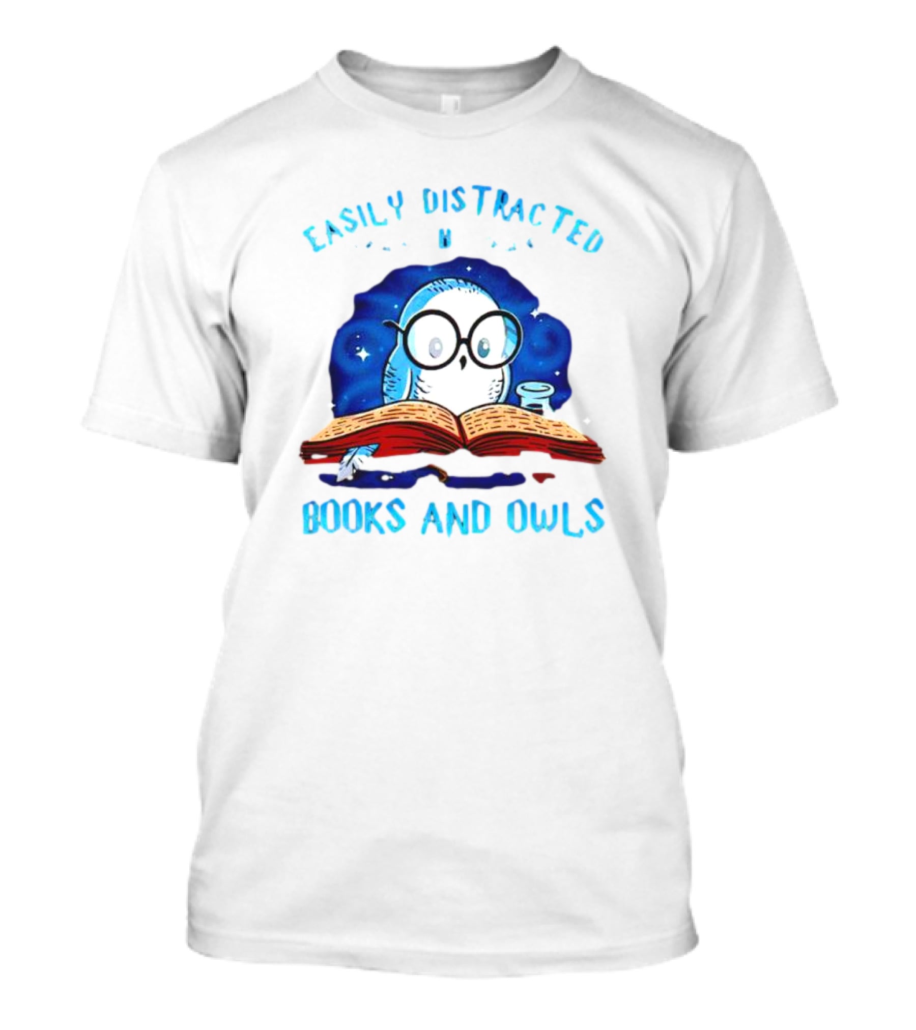 Easily Distracted By Books And Owls With Blue Starry Background And Cute Glasses-Wearing Owl Reading T-Shirt
