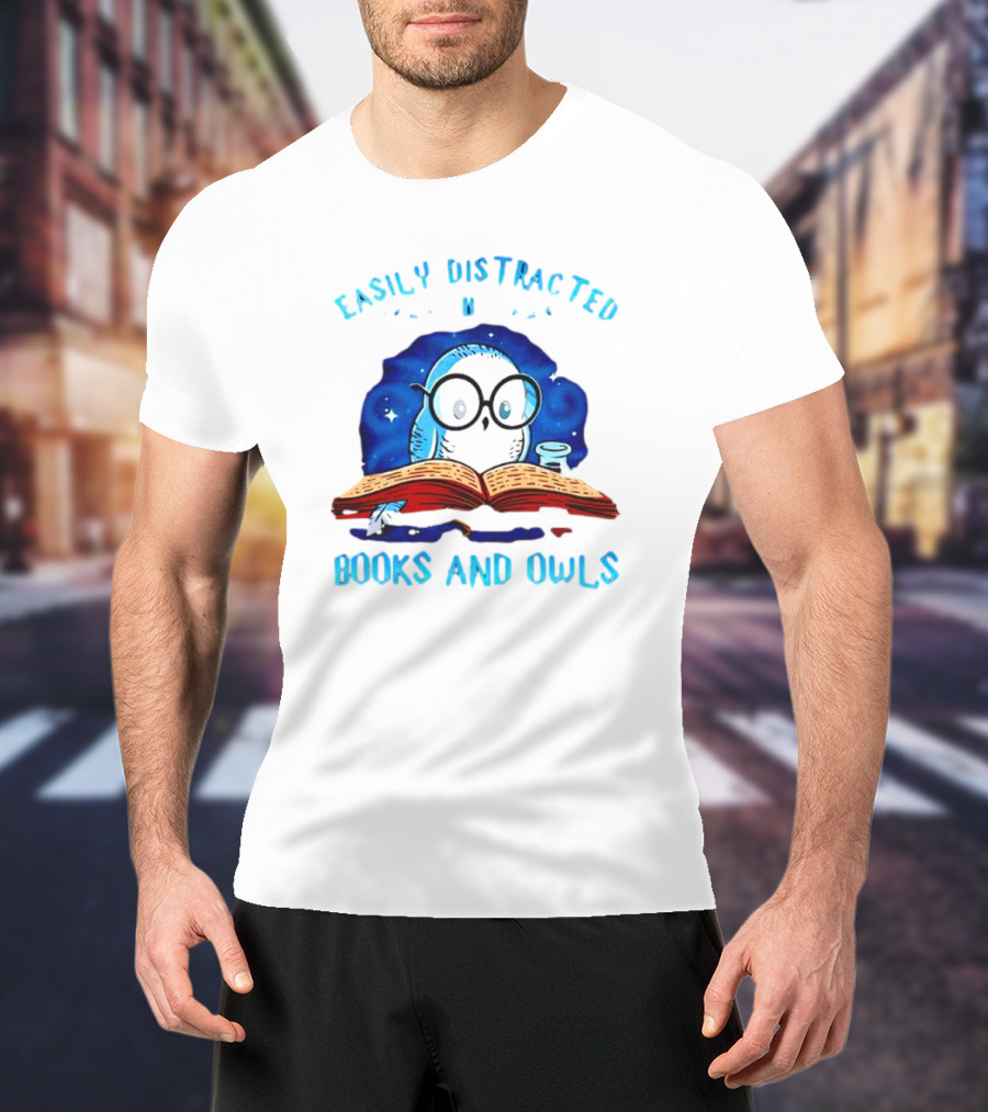 Easily Distracted By Books And Owls With Blue Starry Background And Cute Glasses-Wearing Owl Reading T-Shirt
