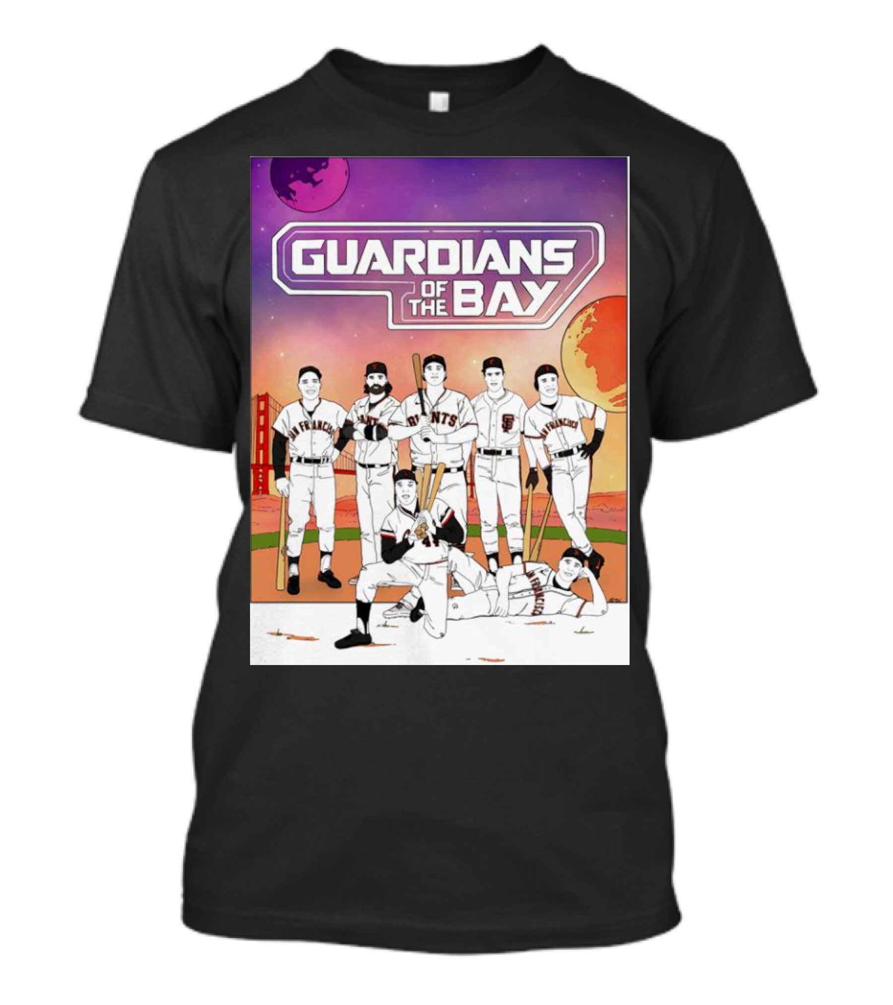 Guardians Of The Bay San Francisco Giants Baseball Players With Golden Gate Bridge And Sunset Background T-Shirt