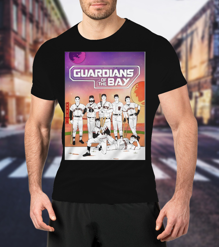 Guardians Of The Bay San Francisco Giants Baseball Players With Golden Gate Bridge And Sunset Background T-Shirt