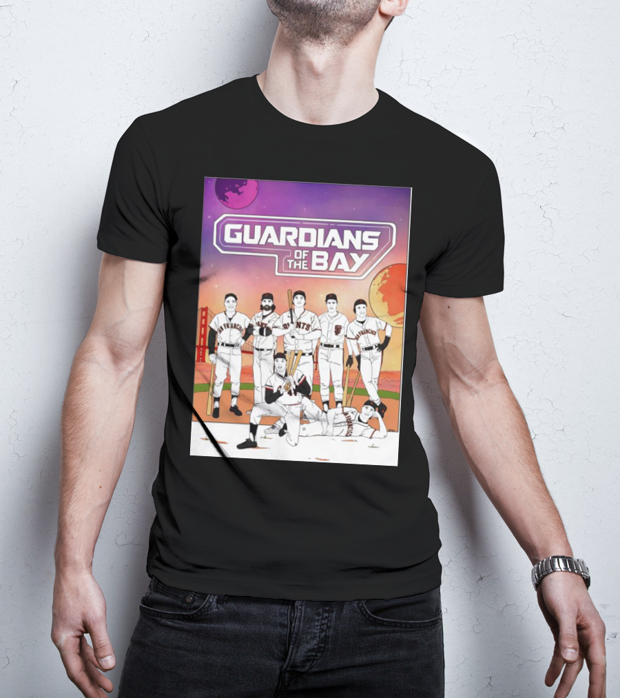 Guardians Of The Bay San Francisco Giants Baseball Players With Golden Gate Bridge And Sunset Background T-Shirt