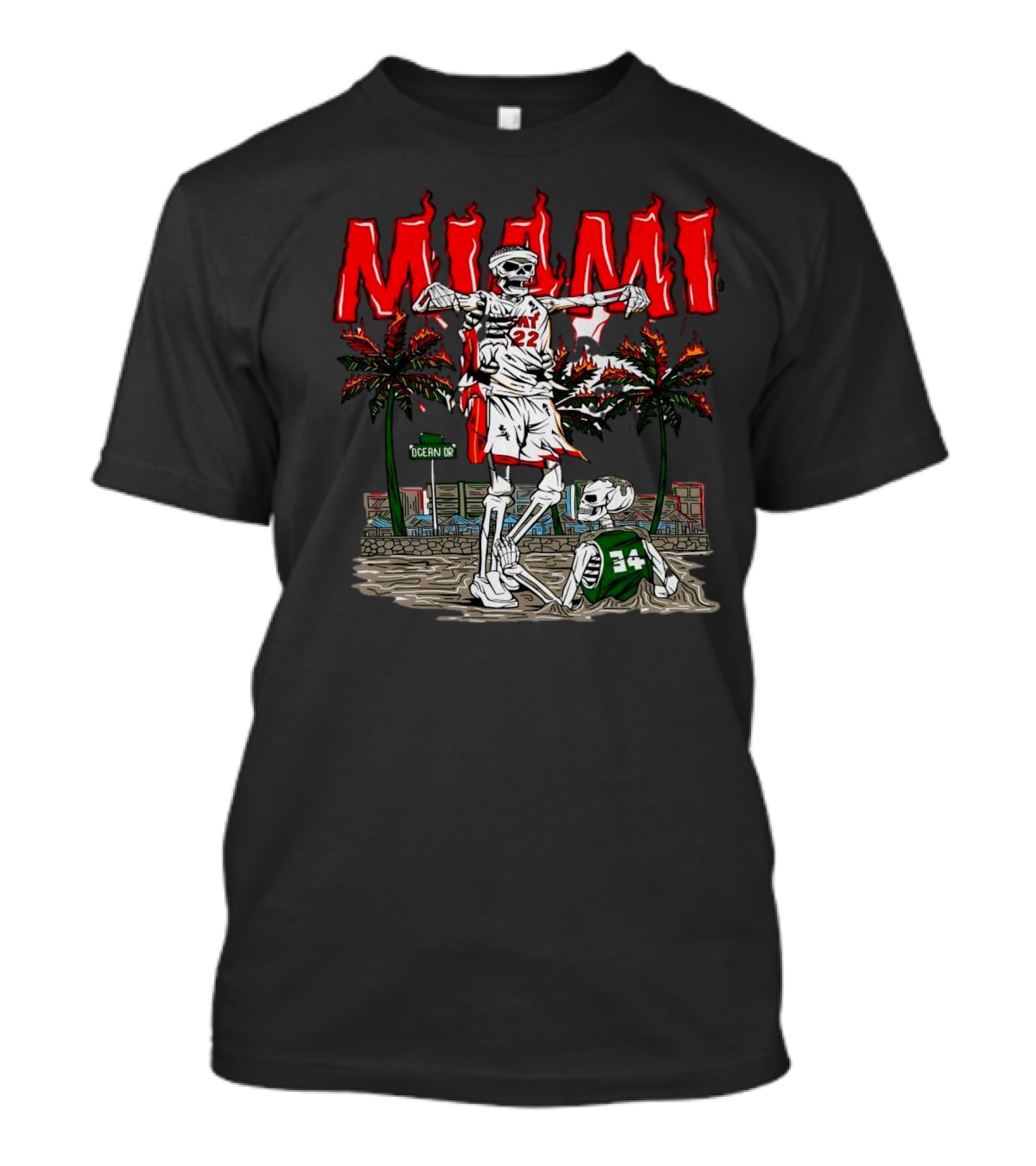 Miami Heat Skeleton Celebrating Over Boston Celtics On Ocean Drive T-Shirt