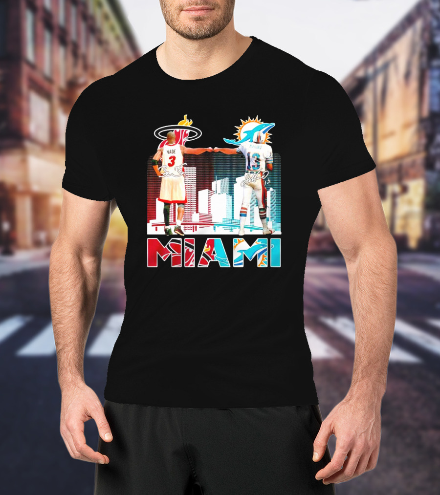 Miami Heat Dwyane Wade And Miami Dolphins Dan Marino Iconic Fist Bump Signatures T-Shirt