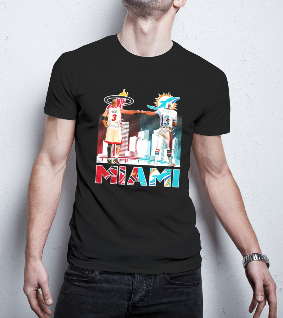 Miami Heat Dwyane Wade And Miami Dolphins Dan Marino Iconic Fist Bump Signatures T-Shirt